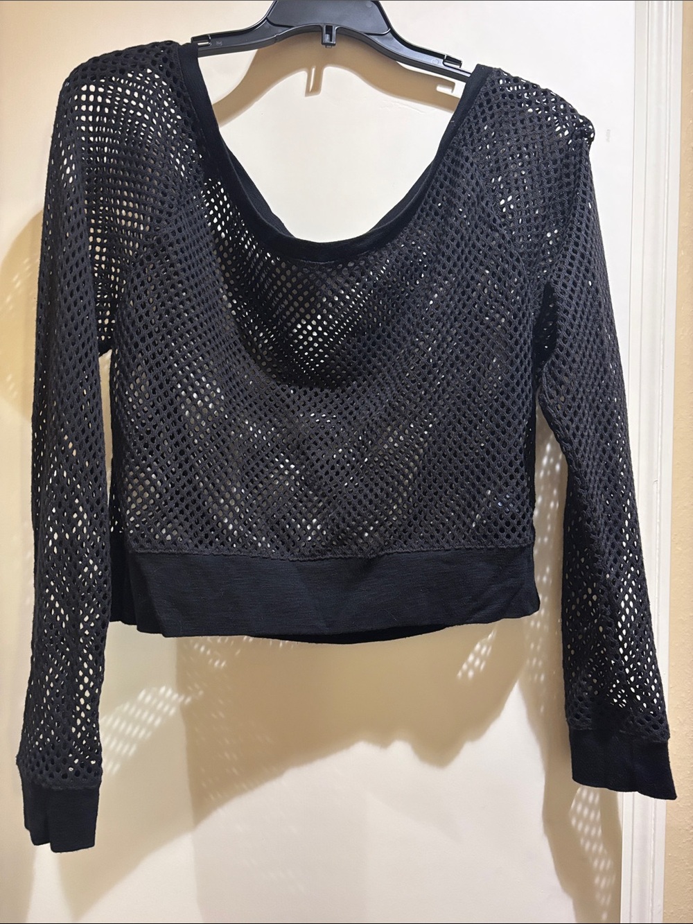 Express Black Open-Knit Long-Sleeve Crop Sweatshirt